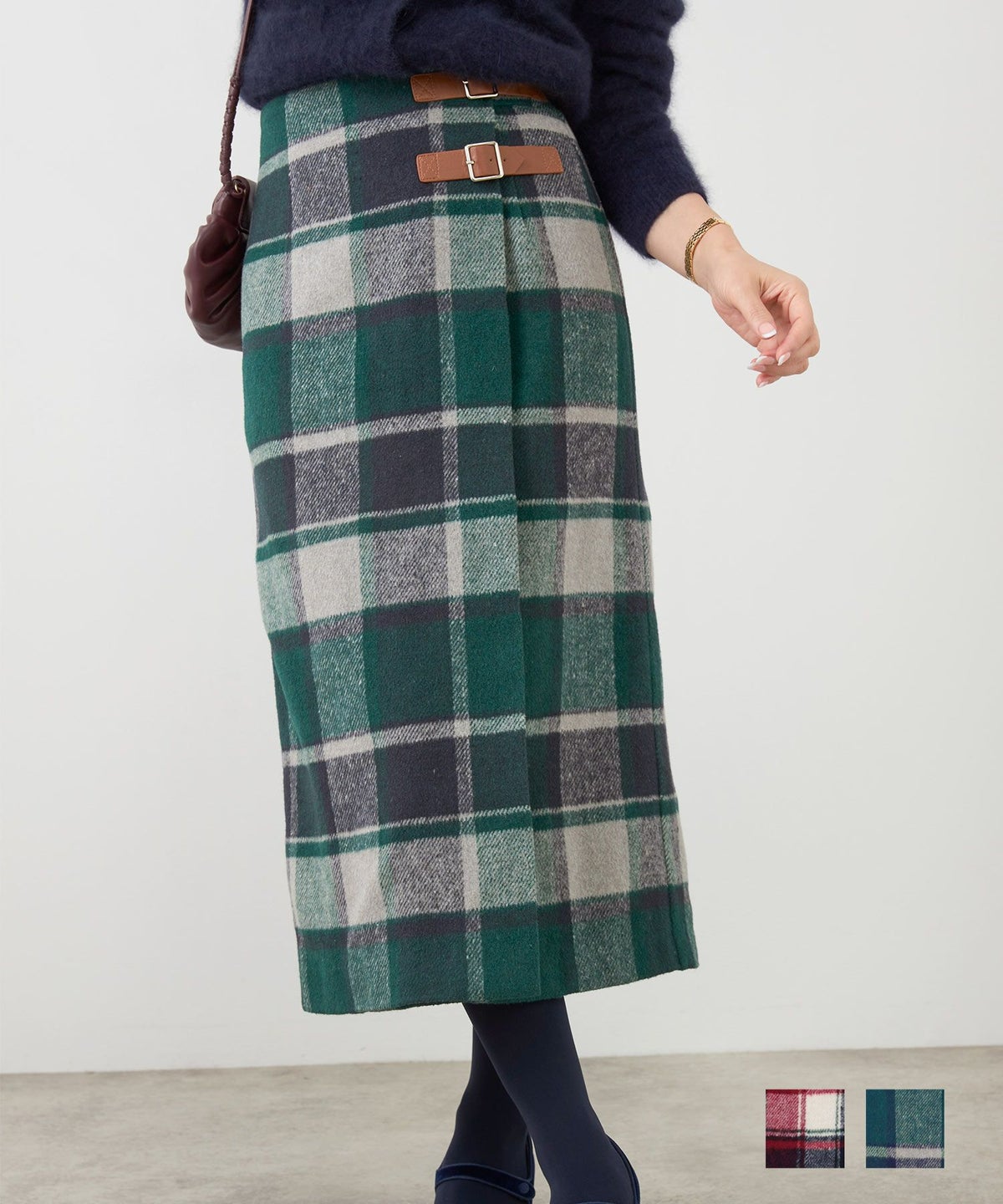手洗い可 ボトムス スカート レディース かわいい オフィス きれいめ 大人 柄 色 秋冬 長め ジョイントスペース チェックベルト付き ラップ スカート Liala×PG