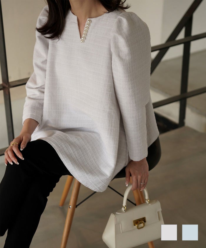 V開き チュニック Aライン ラメ オフィス オケージョン ホワイト アイスブルー M パールトリム ツイード フレアトップス HUIT