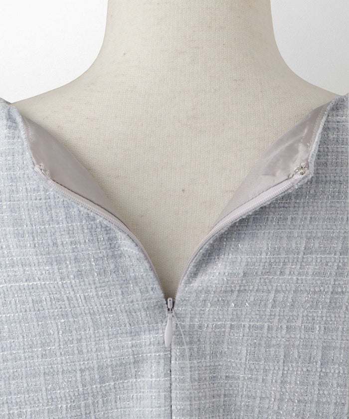 V開き チュニック Aライン ラメ オフィス オケージョン/ホワイト/アイスブルー/M