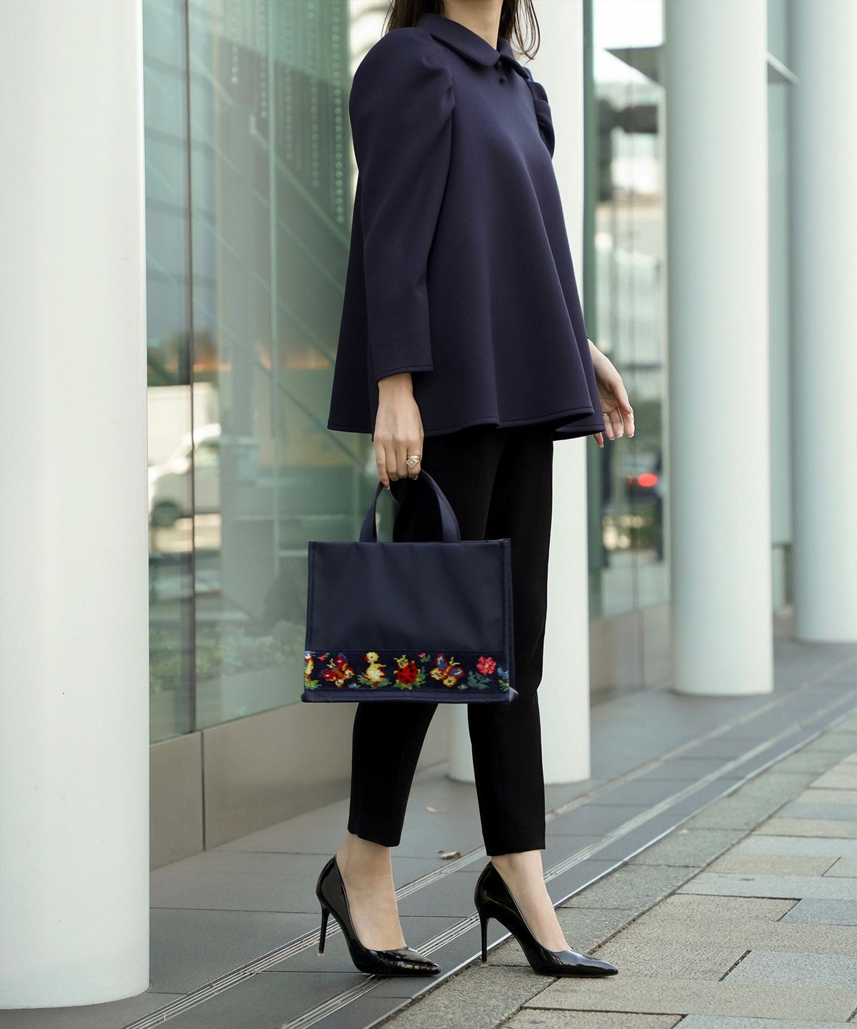 ストレスフリーポロシャツタックギャザーパフスリーブAライン/ネイビー/アイボリー/ブラック/M