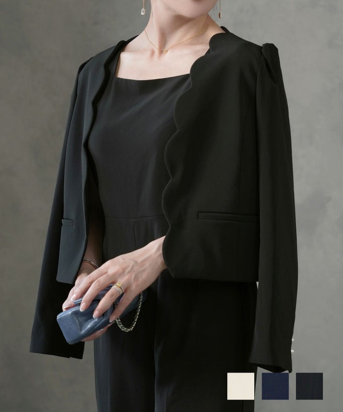 手洗い可 レディース オフィス きれいめ フォーマル 白黒 紺 かわいい 襟なし エレガント おしゃれ スカラップ ジャケット 長袖 Liala×PG