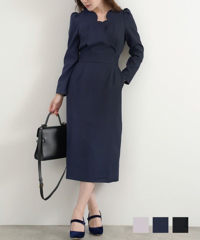 手洗い可 ワンピース レディース きれいめ かわいい オフィス 大人 黒 春秋 ママ ジョイントスペース スカラップ カシュクール ワンピース Liala×PG