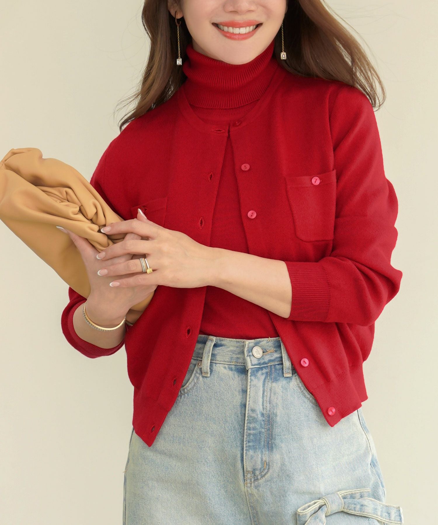 胸ポケット カーディガン タートルネック ノースリインナー