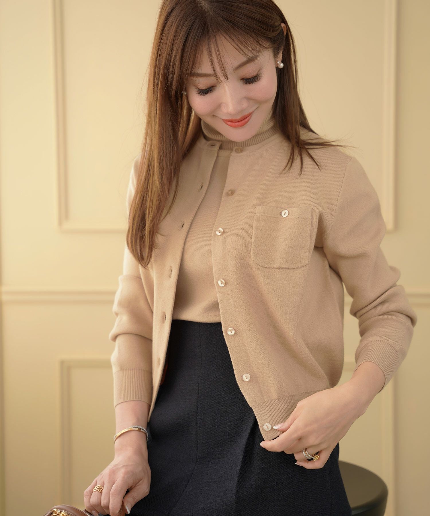 胸ポケット カーディガン タートルネック ノースリインナー