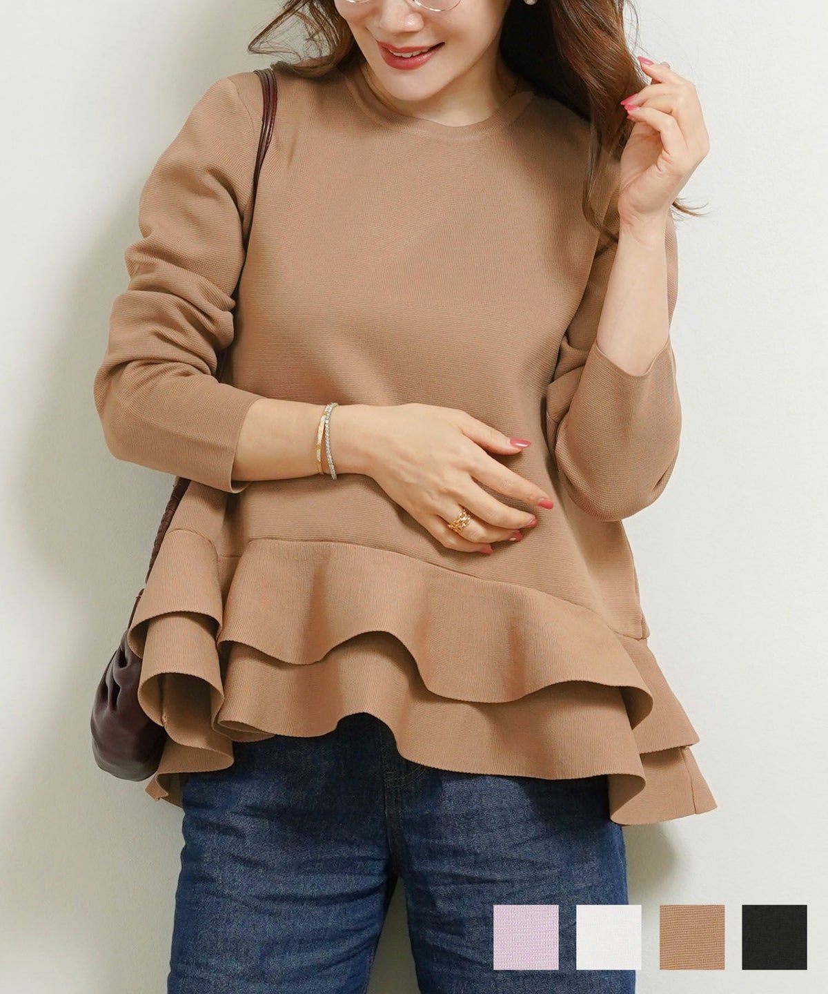 手洗い可 ポリエステル100% ニット トップス レディース かわいい オフィス きれいめ 長袖 白黒 秋冬春 ジョイントスペース ダブルフリル ペプラム ニット 長袖 Liala×PG