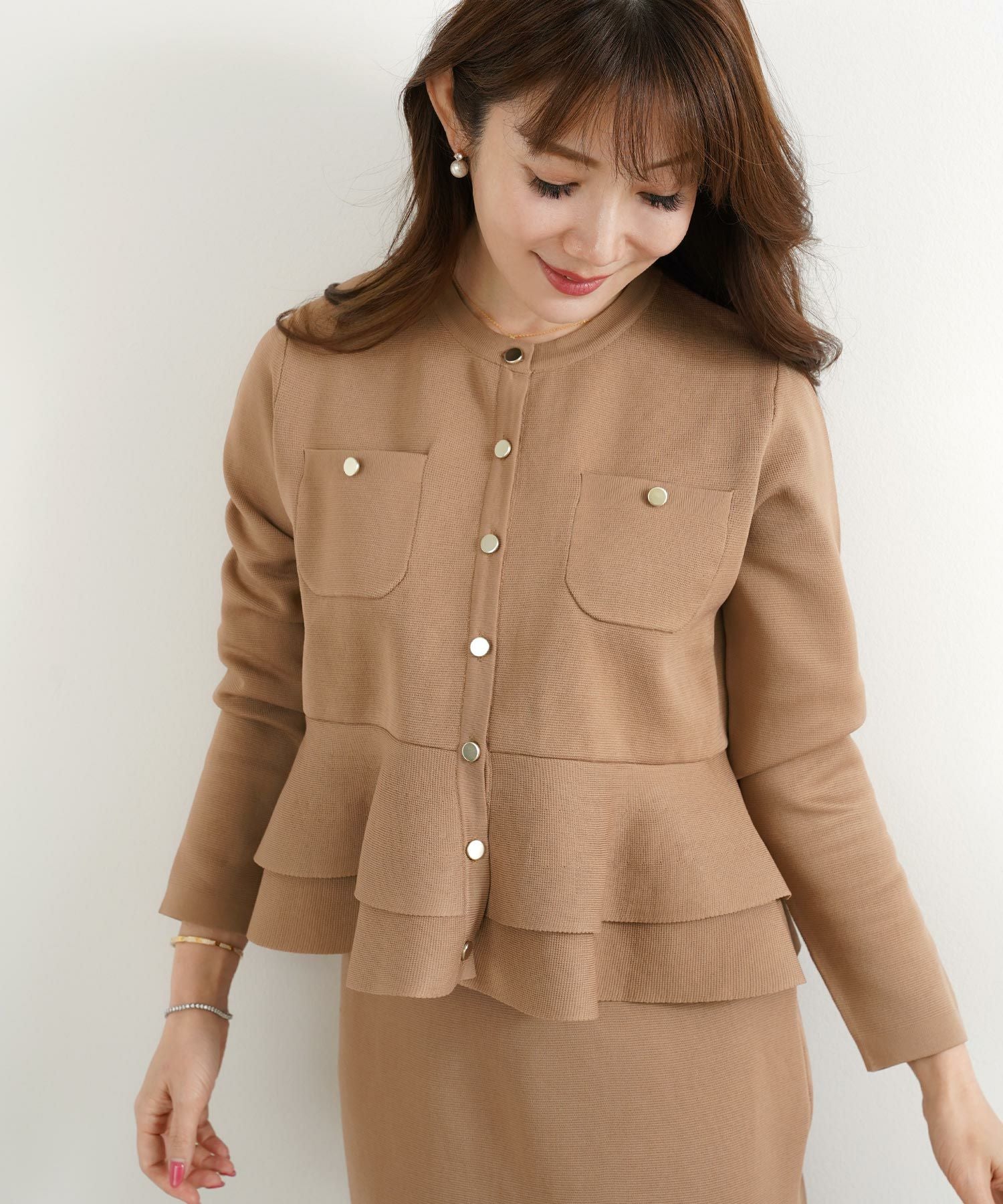 ダブルフリル ペプラム ニット カーディガン