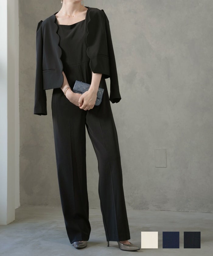 手洗い可 レディース オフィス きれいめ フォーマル 白黒 紺 かわいい オールインワン エレガント おしゃれ サロペット パンツ Liala×PG