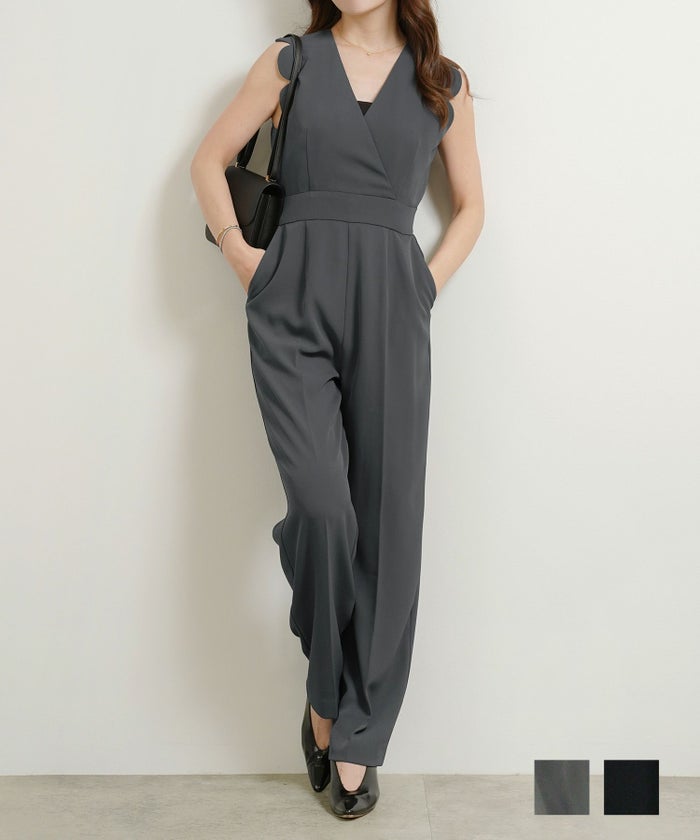 手洗い可 サロペットパンツ レディース きれいめ おしゃれ 黒 春秋冬 ウエスト絞り ゴム 大人 オフィス かわいい ジョイントスペース スカラップ サロペット パンツ Liala×PG