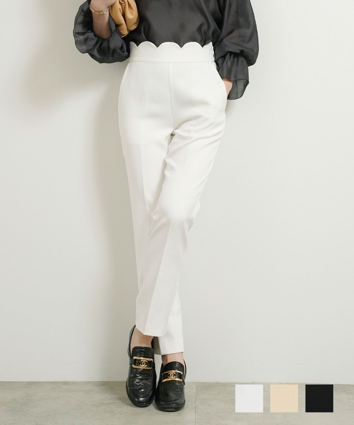 手洗い可 パンツ レディース ボトムス スカラップ かわいい オフィス きれいめ 大人 ポケット 春秋冬 ジョイントスペース ウエストスカラップ パンツ Liala×PG