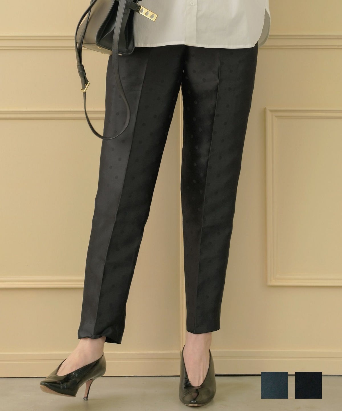 手洗い可 パンツ レディース コーディネート 水玉 かわいい オフィス きれいめ 春秋 黒 ジョイントスペース ドットジャガード センタープレス パンツ Liala×PG