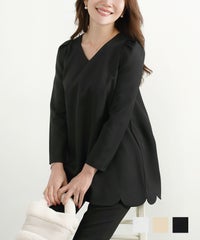 手洗い トップス レディース おしゃれ 長袖 オフィス きれいめ かわいい 白黒 フォーマル 普段着 ジョイントスペース スカラップ Vネック ブラウス Liala×PG