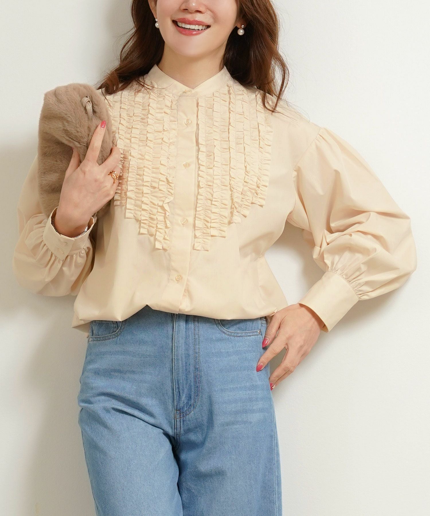 バンドカラー フリル ブラウス 長袖 Liala×PG 全2色｜lpg841-2022【1