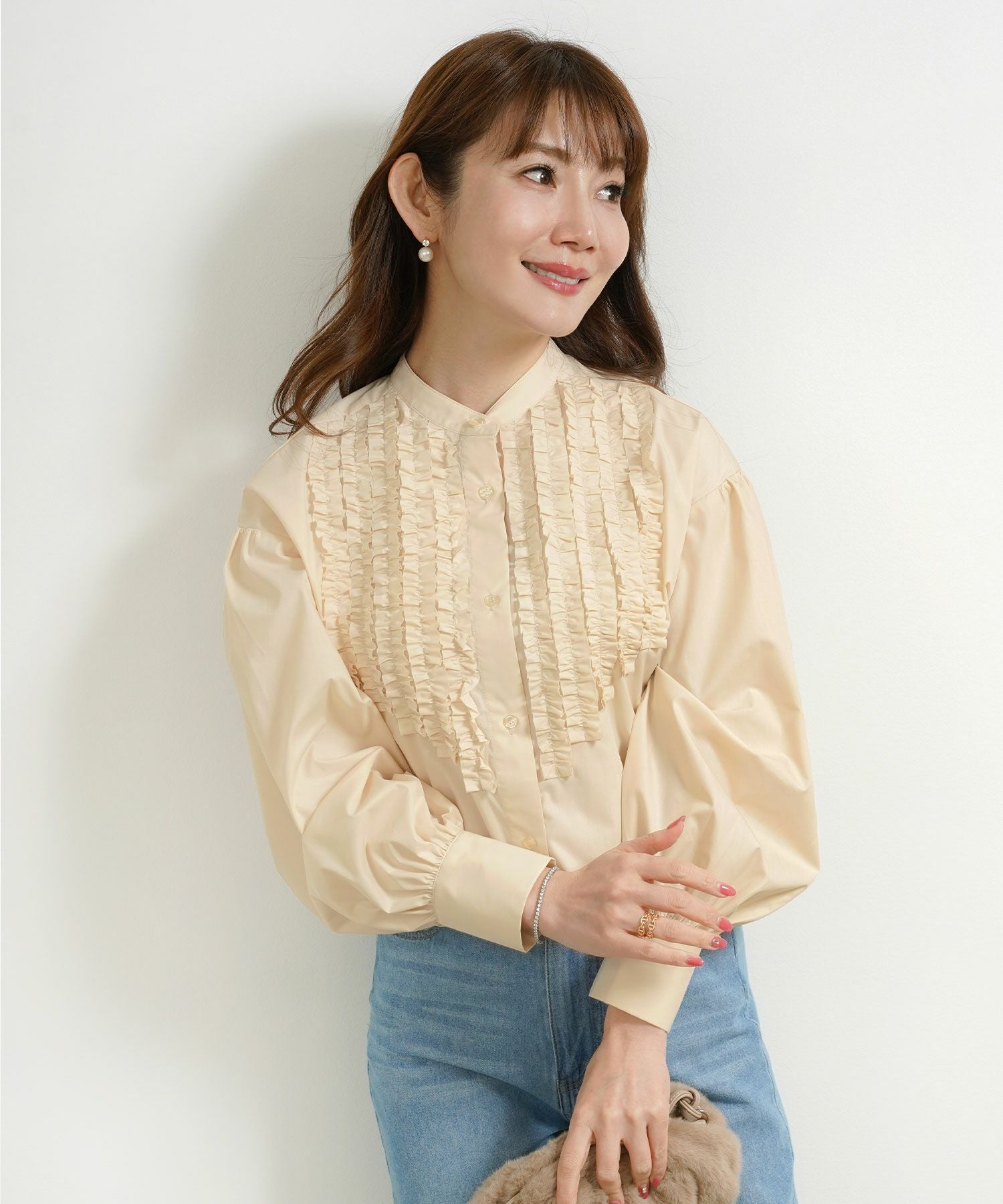 Occasion-SALE バンドカラー フリル ブラウス 長袖 Liala×PG 全2色