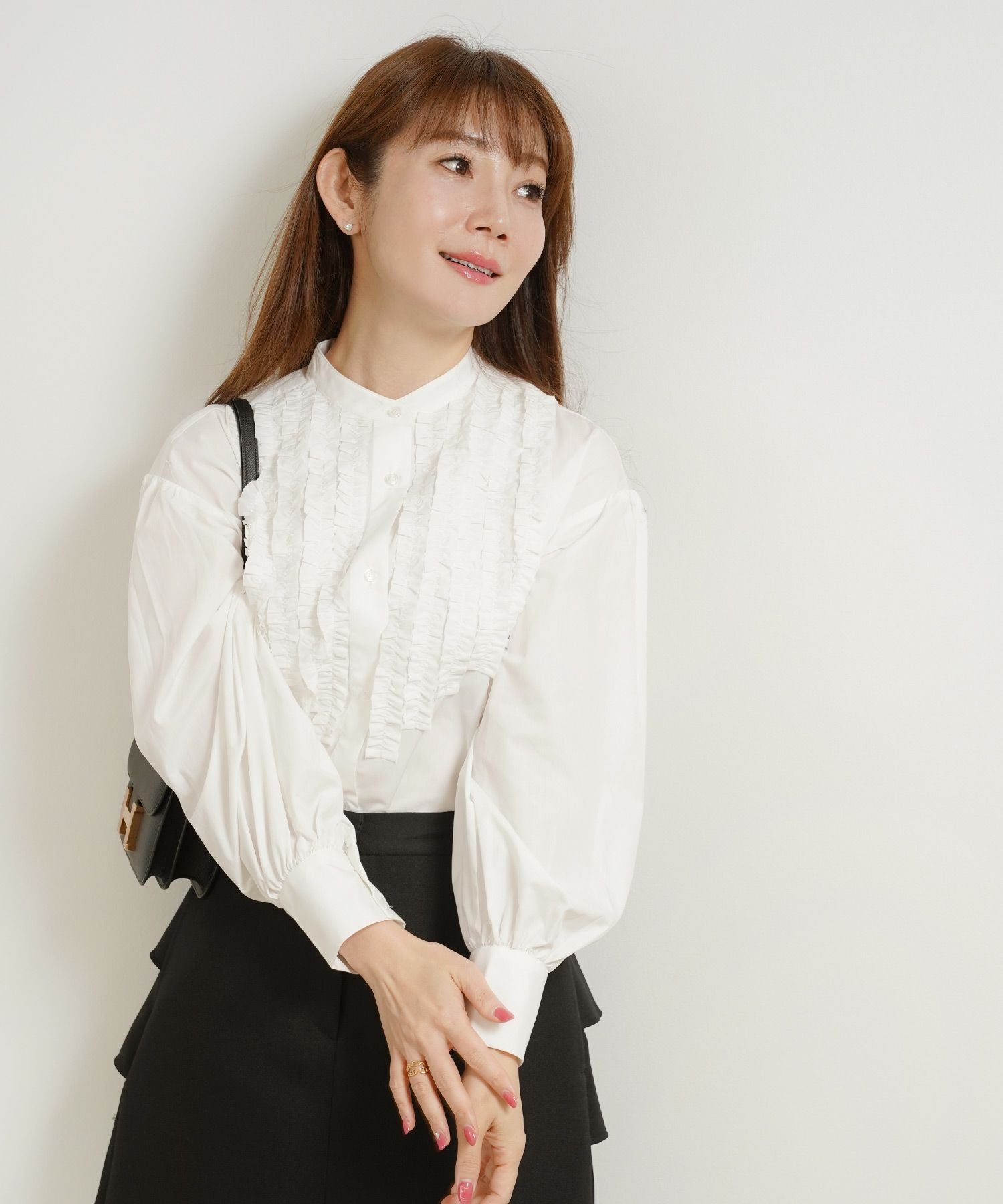 バンドカラー フリル ブラウス 長袖 Liala×PG 全2色｜lpg841-2022【1