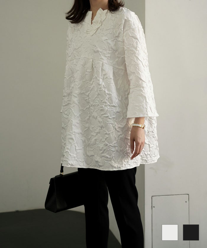 フリル ベルスリーブ エレガント ハイウエスト ホイップネック ジャガード チュニック ブラウス HUIT