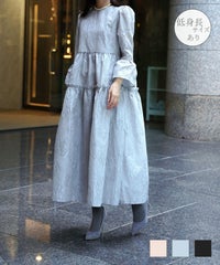 花柄 ティアード フリル エレガント 低身長 ベルスリーブ ジャガード ボリューム ワンピース HUIT