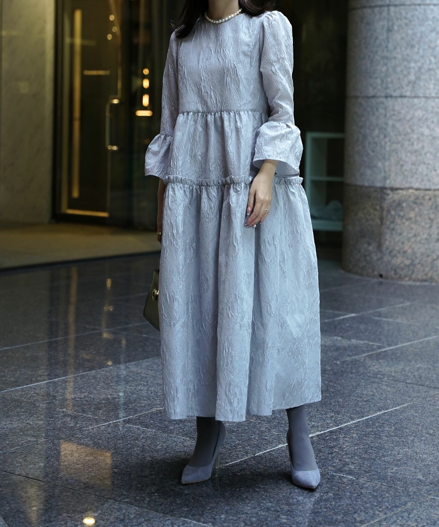 TIME-SALE ベルスリーブ ジャガード ボリューム ワンピース HUIT 全3色