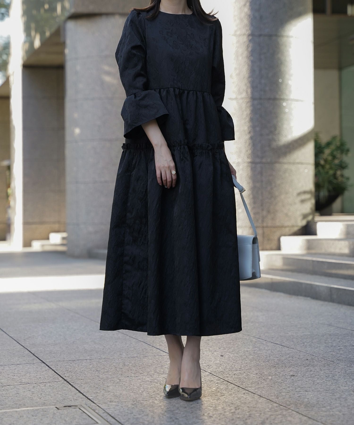 2点以上で半額クーポン対象 ベルスリーブ ジャガード ボリューム