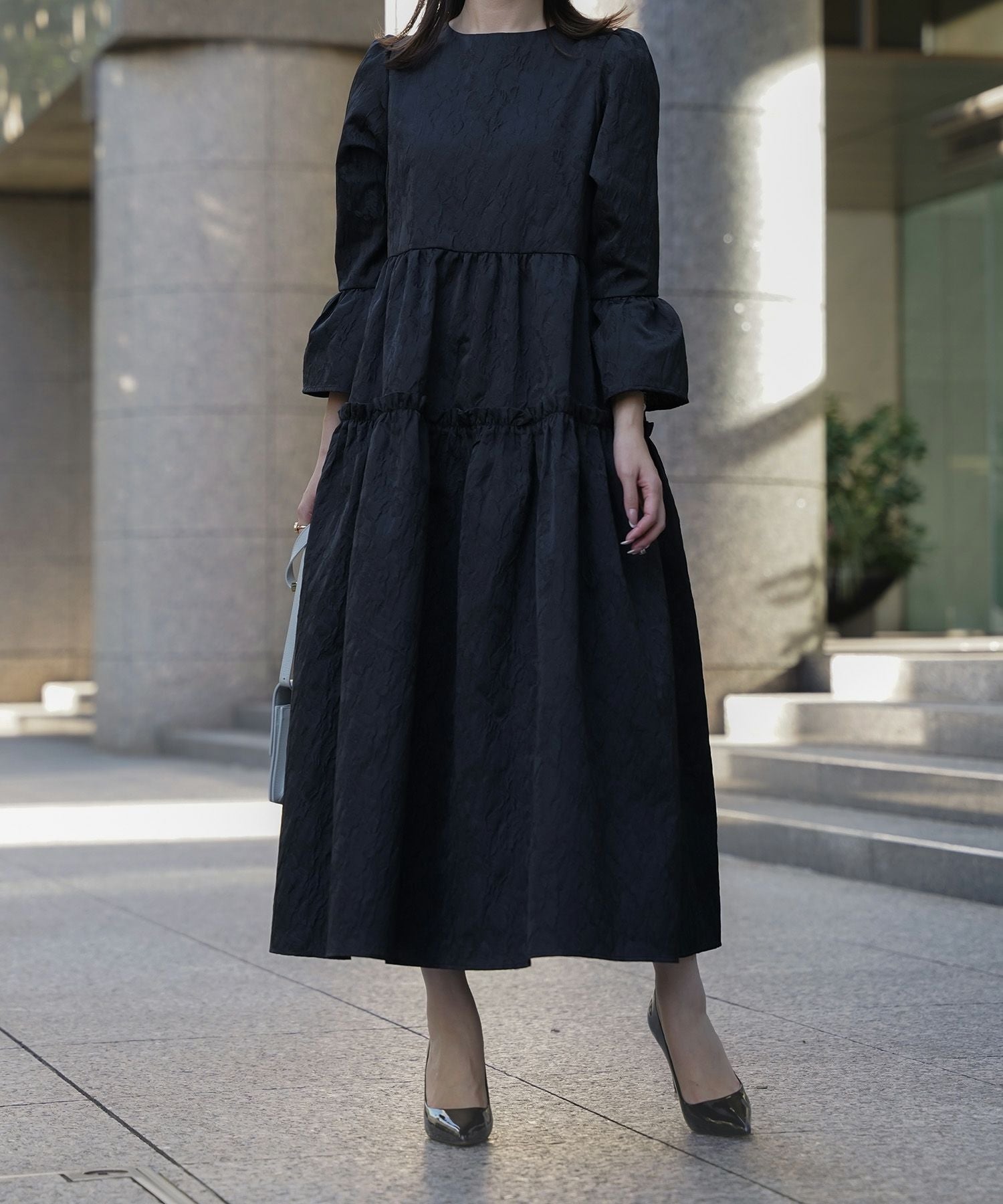 TIME-SALE ベルスリーブ ジャガード ボリューム ワンピース HUIT 全3色