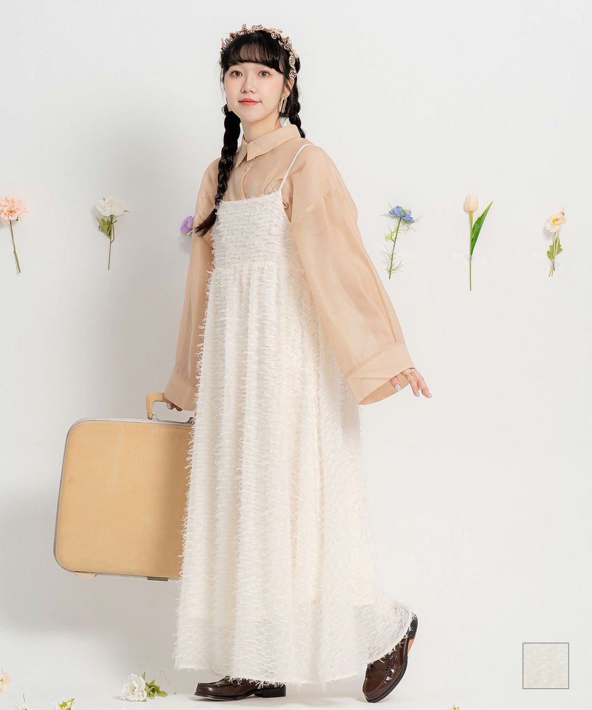 フリンジ ハイウエスト ロングシーズン シアー ロング リボンカット ジャカード キャミワンピース  miolite