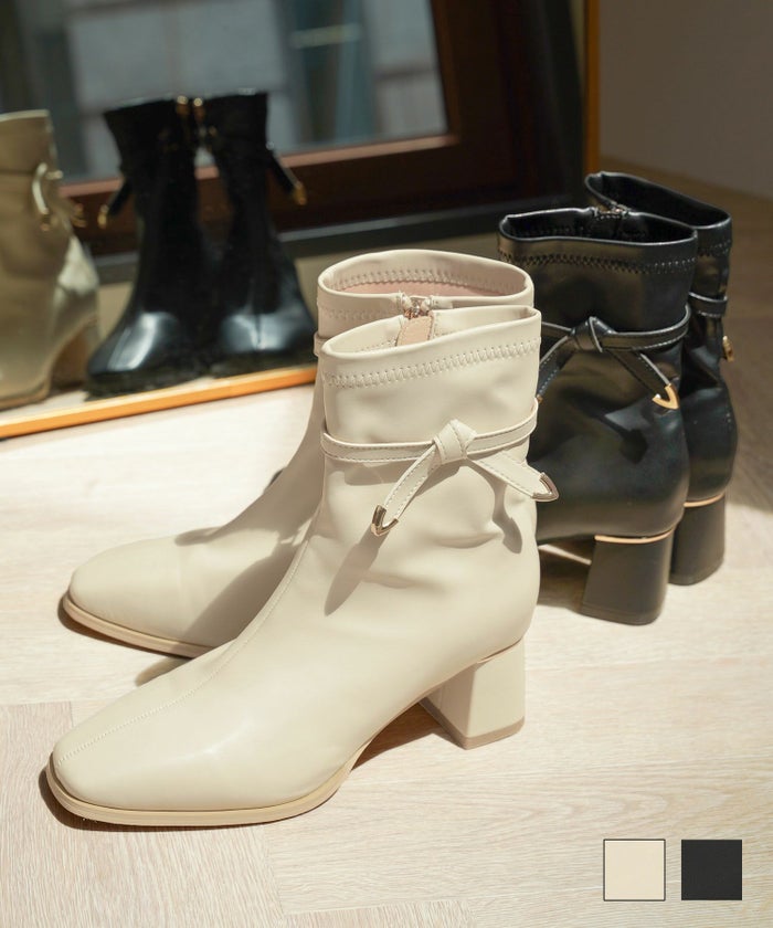 小物 ブーツ ストレッチブーツ ショートブーツ 撥水 晴雨兼用 ヒール 太めヒール 晴雨兼用 2WAY リボン ショートブーツ le reve vaniller