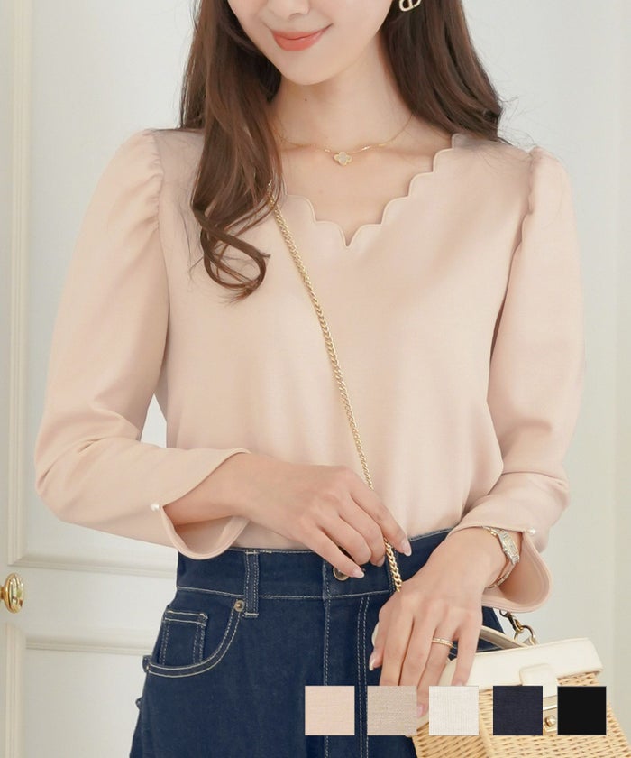 もっちり 8分袖 長袖 スカラップ ギャザー スリット アイボリー ブラック ネイビー カジュアル エレガント 上品 オフィスカジュアル オフィススタイル 新色 ピンク くすみピンク ピーチピンク ピンクベージュ スカラップ Tシャツ 8分袖 le reve vaniller