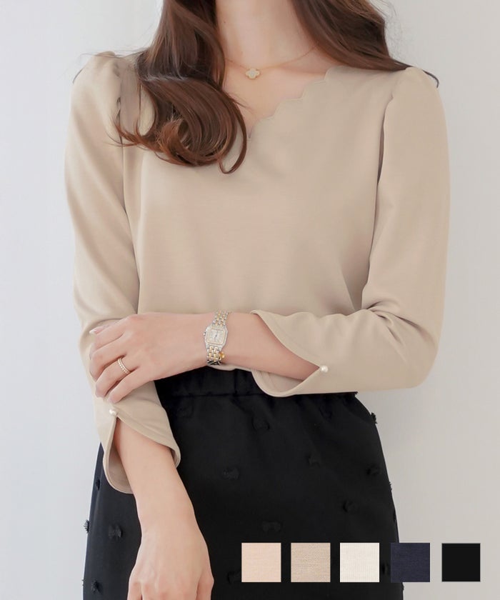 もっちり 8分袖 長袖 スカラップ ギャザー スリット アイボリー ブラック ネイビー カジュアル エレガント 上品 オフィスカジュアル オフィススタイル 新色 ピンク くすみピンク ピーチピンク ピンクベージュ スカラップ Tシャツ 8分袖 le reve vaniller