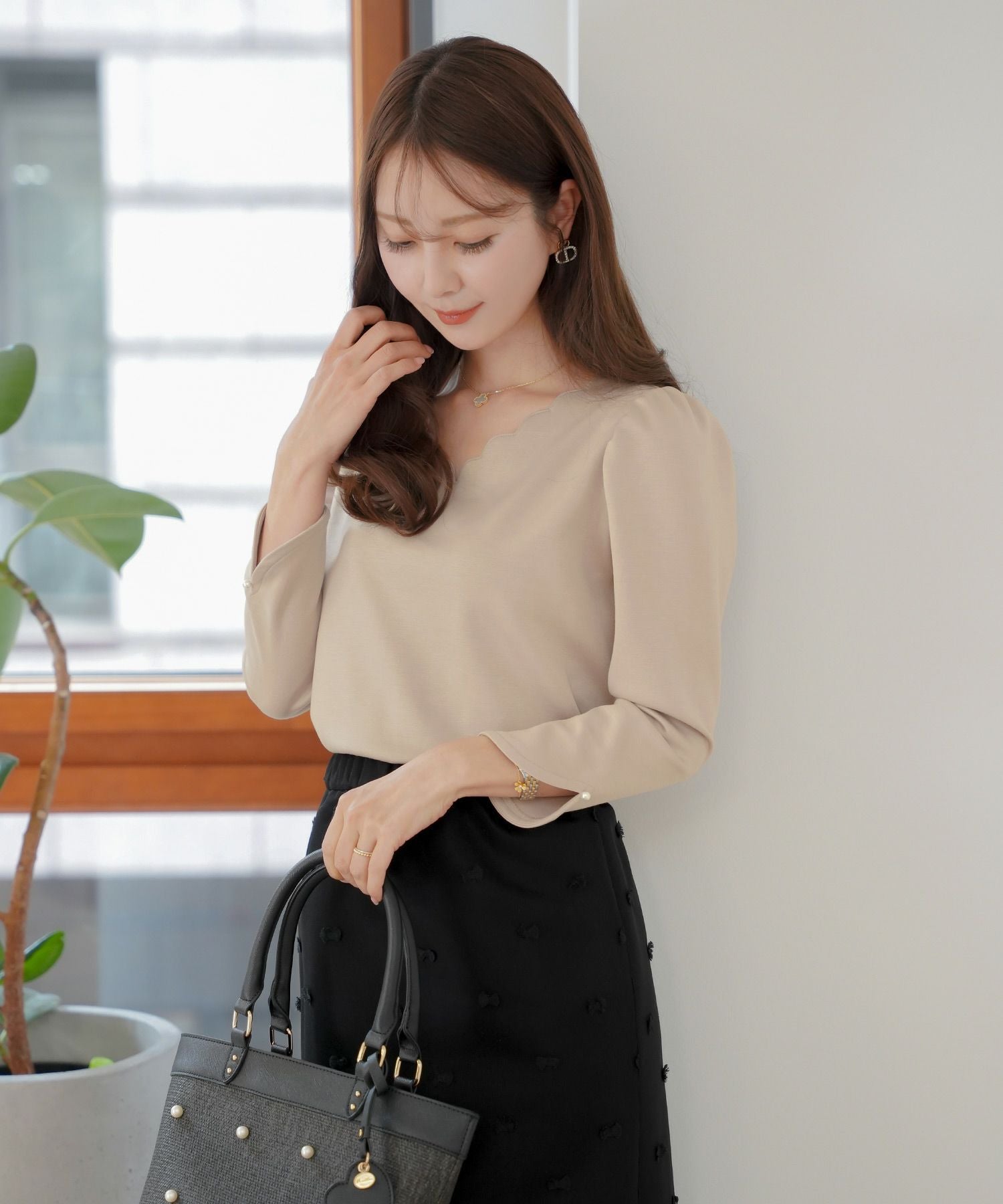 Lieve Van Gorp レザーカットソー　Tシャツ TIME-SALE スカラップ Tシャツ 8分袖 le reve vaniller 全5色 ｜lvn541