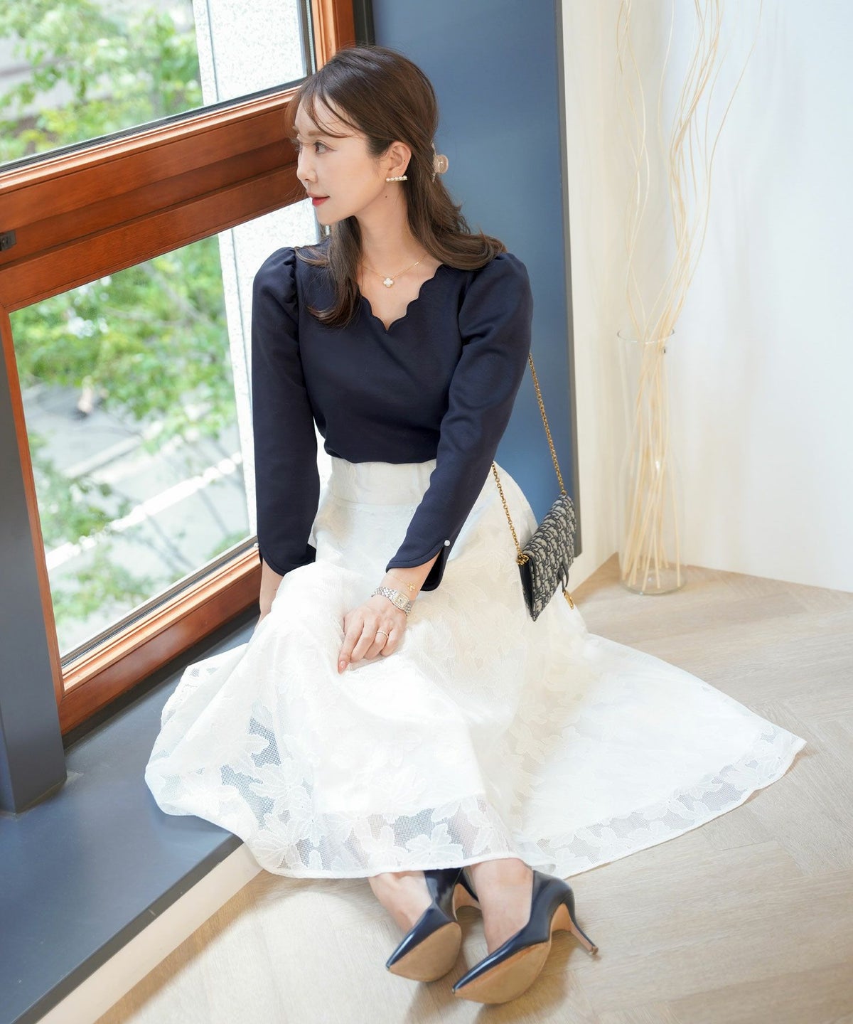 レディース/カットソー/トップス/Tシャツ/もっちり/8分袖/長袖/スカラップ/ギャザー/スリット/アイボリー/ブラック/ネイビー/カジュアル/エレガント/上品/オフィスカジュアル/オフィススタイル/新色/ピンク/くすみピンク/ピーチピンク/ピンクベージュ