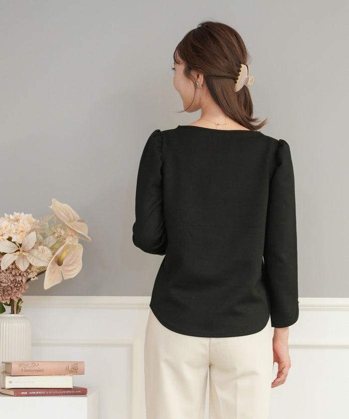 レディース/カットソー/トップス/Tシャツ/もっちり/8分袖/長袖/スカラップ/ギャザー/スリット/アイボリー/ブラック/ネイビー/カジュアル/エレガント/上品/オフィスカジュアル/オフィススタイル/新色/ピンク/くすみピンク/ピーチピンク/ピンクベージュ