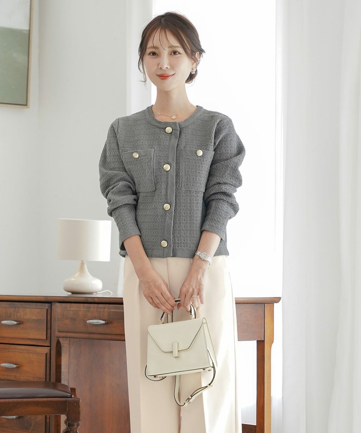 レディース/ニット/ジャケット/ノーカラー/クルーネック/セレモニー/入卒/授業参観/式/きれいめ/上品/シンプル/ストレッチ/オケージョン/入園/卒業/エレガント/アイボリー/ピンク/ボーダー/ネイビー/アソート柄/ツイード/新色/グレー/ライトグレー/無地/入卒園