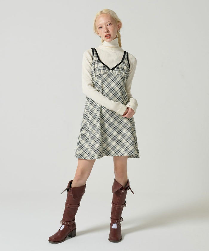 ワンピース/チェック/パイピング/ベロア
