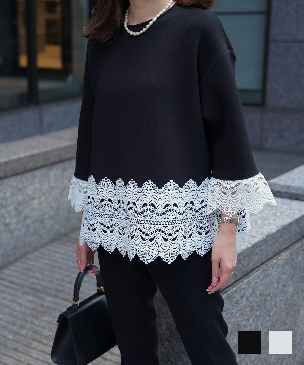 スカラップ チュニック フォーマル オフィス レースコンビ ボンディング トップス HUIT