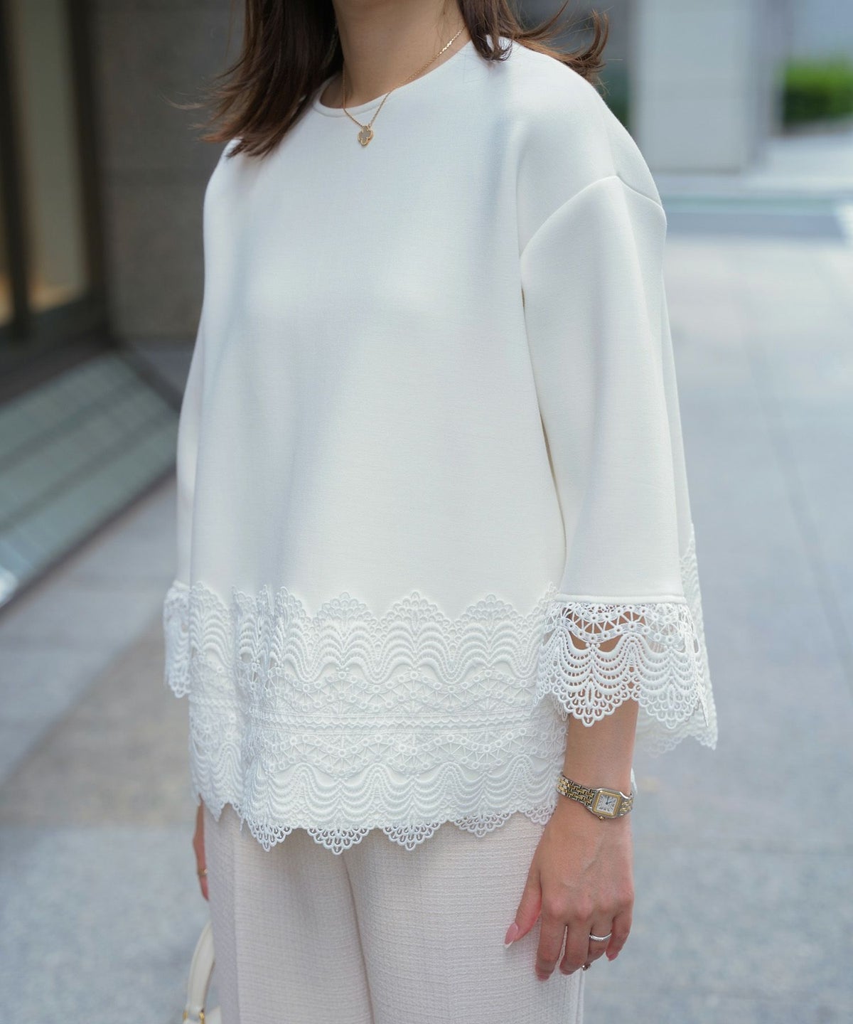 スカラップ チュニック フォーマル オフィス/ホワイト/ブラック/M