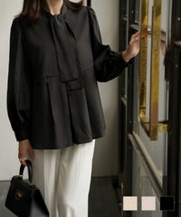 ボウタイ ウエスト切り替え ブラウス HUIT アイボリー/ピンクベージュ/ブラック