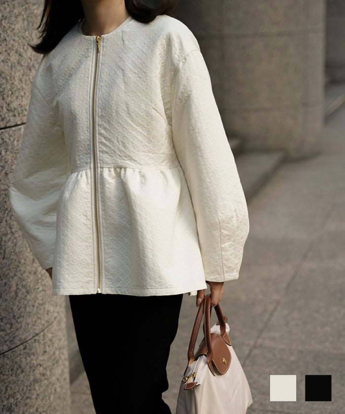 タック コクーンスリーブ 上品 カジュアル セレクト ドットジャガード ペプラム ブルゾン HUIT