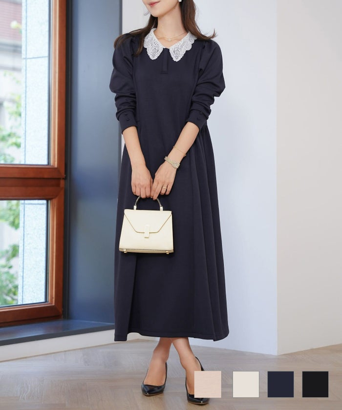 フレアシルエット 楽ちん 上品 エレガント 大人 スナップボタン ポロシャツ アイボリー ブラウン ネイビー ブラック オケージョン 新色 ピンクベージュ チャコール レース襟 リラックス ワンピース le reve vaniller