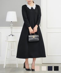 フレアシルエット 楽ちん 上品 エレガント 大人 スナップボタン ポロシャツ アイボリー ブラウン ネイビー ブラック オケージョン 新色 ピンクベージュ チャコール レース襟 リラックス ワンピース le reve vaniller