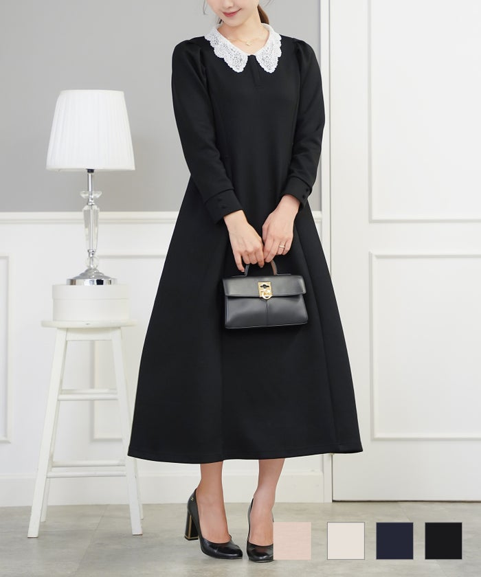 フレアシルエット 楽ちん 上品 エレガント 大人 スナップボタン ポロシャツ アイボリー ブラウン ネイビー ブラック オケージョン 新色 ピンクベージュ チャコール レース襟 リラックス ワンピース le reve vaniller