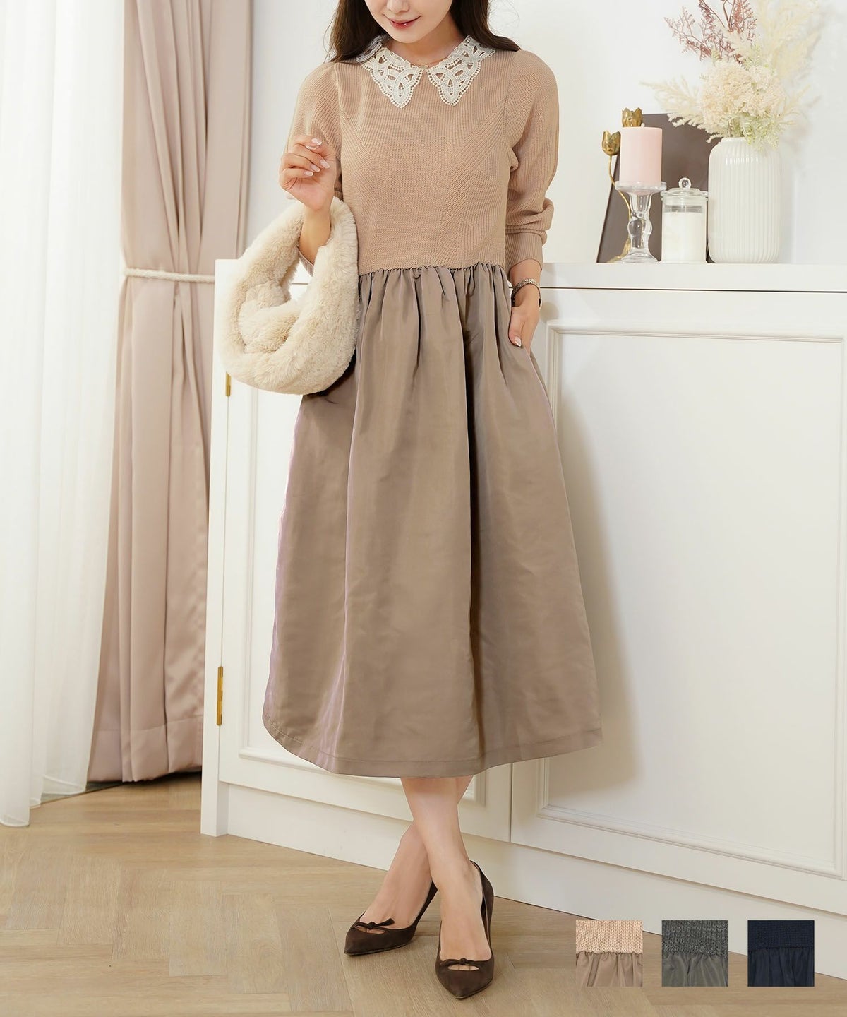 ニット タフタ コンビ レース 襟 レース襟 畔編み 伸縮 ウエストゴム 妊婦 マタニティ 産後服 オケージョン エレガンス フェミニン 上品 入卒園 秋 春 冬 きれいめ ピンクベージュ チャコール ネイビー レース襟 ニット×タフタ ドッキング ワンピース le reve vaniller