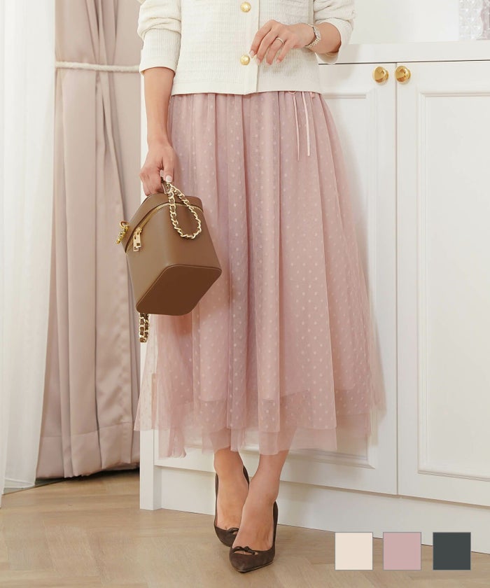 チュール ドット柄 レイヤード リボン チャーム ワンポイント ハイウエスト 締め付けにくい シャーリング ゴールド チャーム アイボリー ピンク チャコール 上品 かわいい フェミニン エレガント カジュアル リボン付き ハイウエスト ドット チュールスカート le reve vaniller