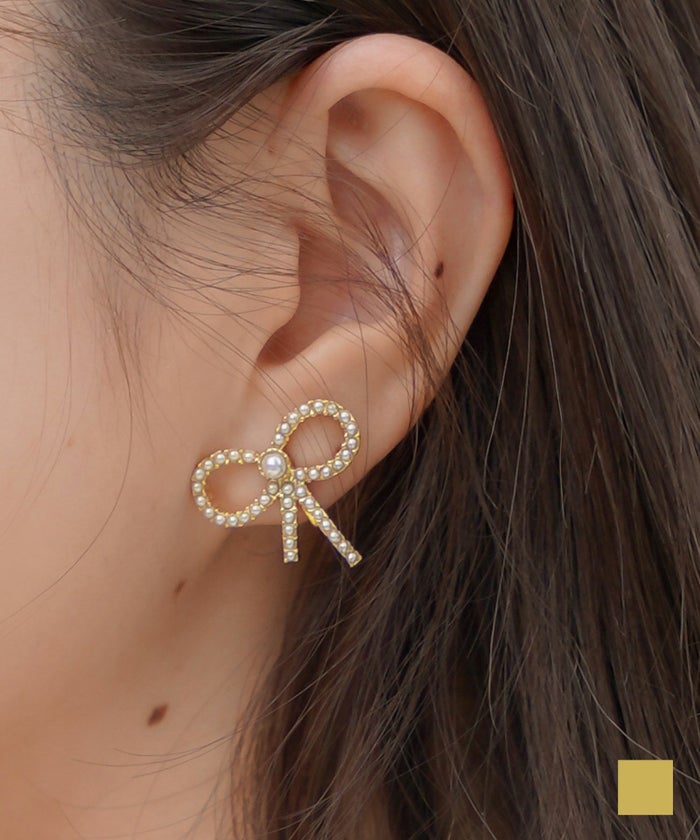レディース 小物 アクセサリー イヤリング リボン パール 細め 小さめ 可愛い 上品 フェミニン エレガント オシャレ 耳飾り ゴールド リボン パール イヤリング le reve vaniller