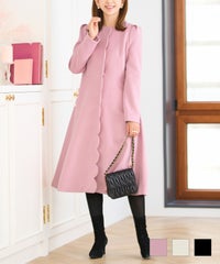 アウター コート 女性 色 黒 おしゃれ おすすめ かわいい ノーカラー 羽織 レディース ロング ジョイントスペース フロントスカラップ パール付き コート Prima Scherrer