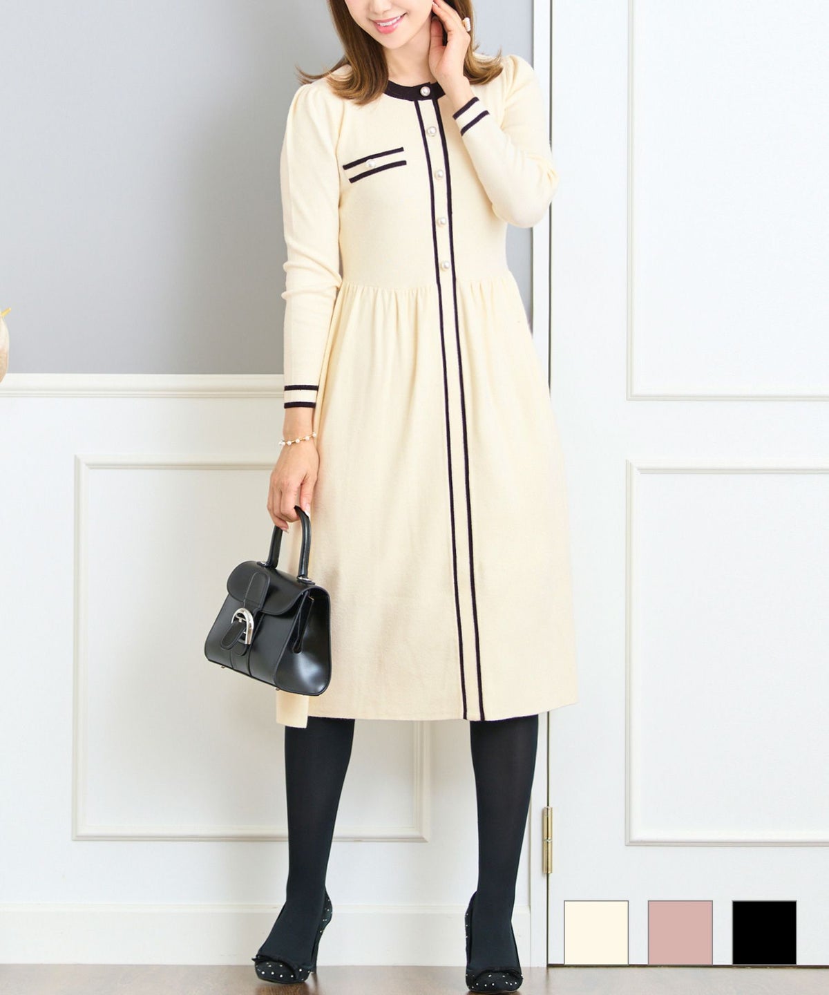 バイカラー ニット ワンピース 長袖, ワンピース, Prima Scherrer, 30代、40代、50代, 会食、デート、女子会、観劇 バイカラー ニット ワンピース 長袖 Prima Scherrer