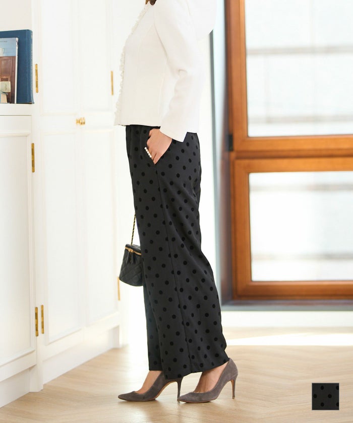 セレクト ボトムス ワイドパンツ ウエストゴム レディース きれいめ 大人 オフィス かわいい ジョイントスペース セレクト ドット フロッキー パンツ Prima Scherrer