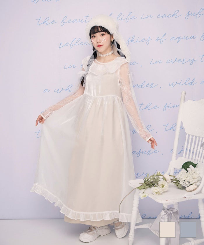 オーガンジー 光沢感 ロング丈 レイヤード フリル シアー ワンピース miolite