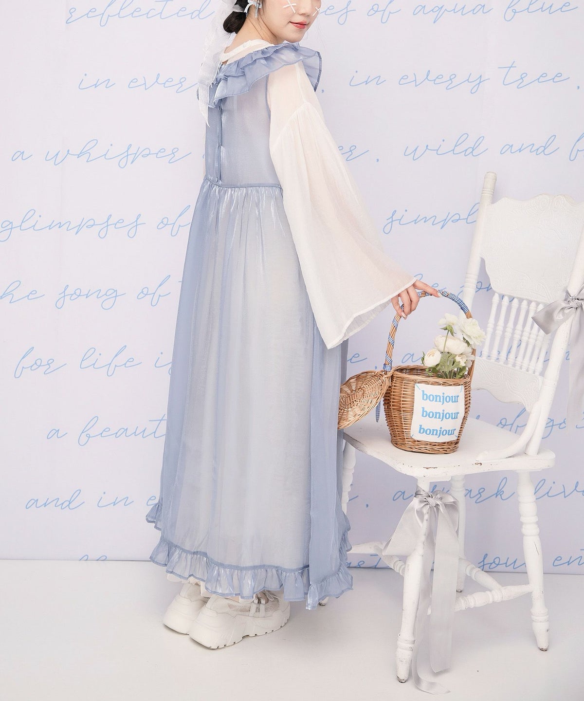 オーガンジー 光沢感 ロング丈 レイヤード/アイボリー/チャコール/M