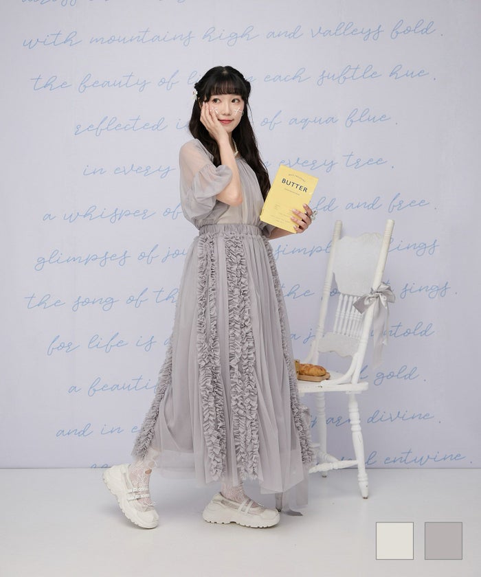 ウエストゴム シースルー セット ロング丈 チュール フリル ロング スカート miolite