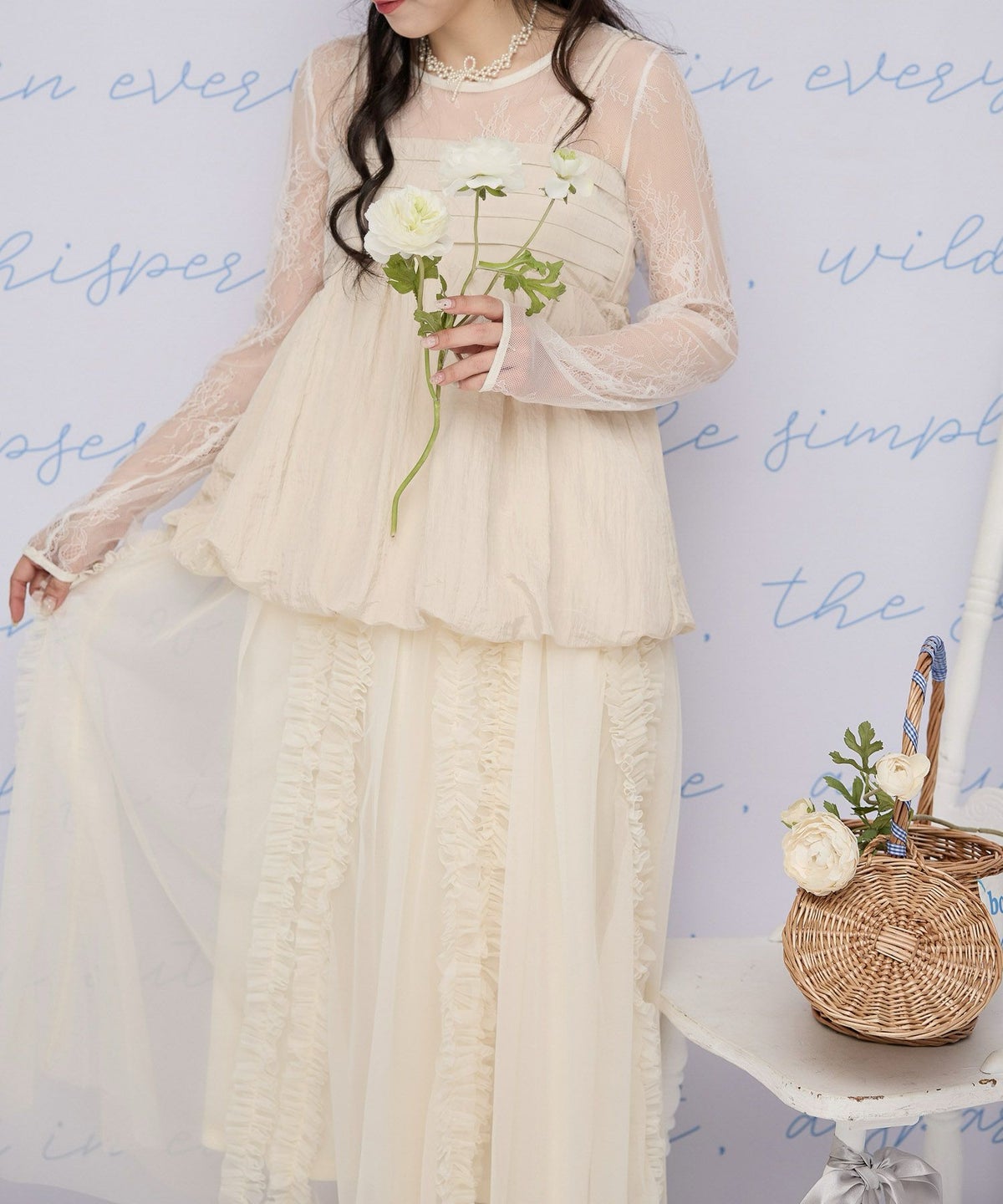 ウエストゴム シースルー セット ロング丈 /アイボリー/グレー/M