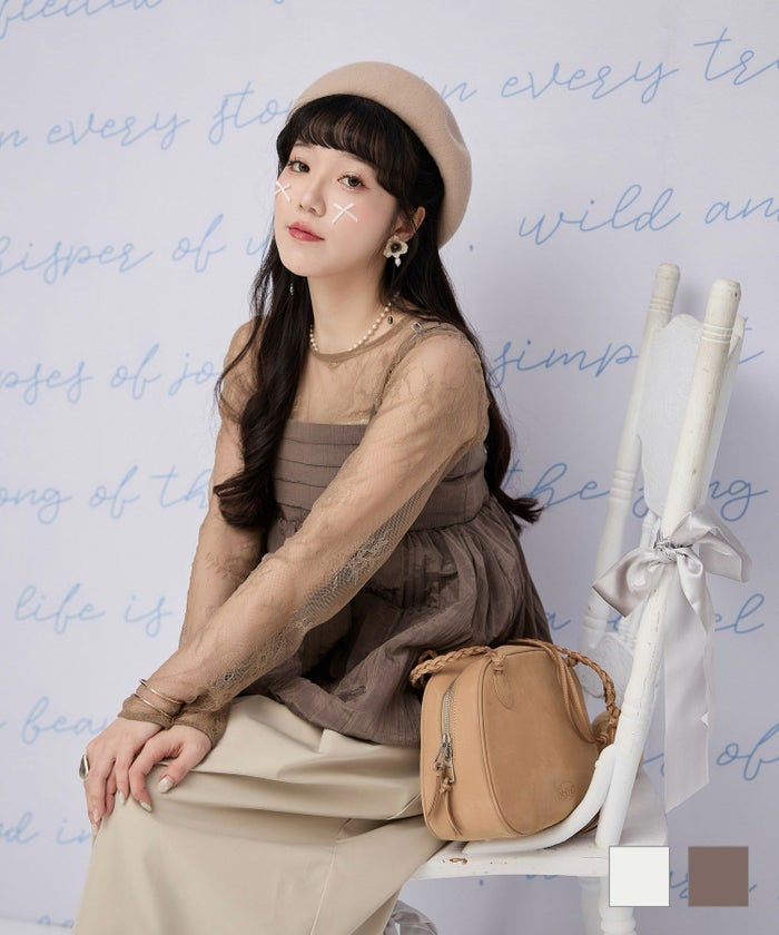 上品 花柄 透け感 レイヤード ラウンドネック 長袖 シアー レース トップス miolite